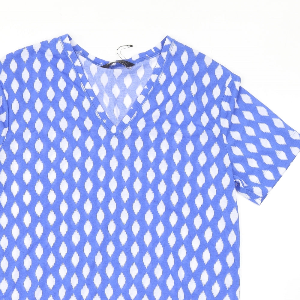 Marks and Spencer Womens Blue Geometric Polyester Basic T-Shirt Size 8 V-Neck