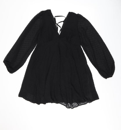 Additional front view of ASOS women’s black polka dot polyester shift, size UK 10, v-neck zip