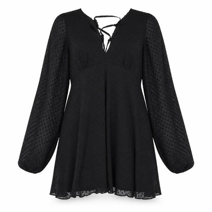 Front view of ASOS women’s black polka dot polyester shift, size UK 10, v-neck zip