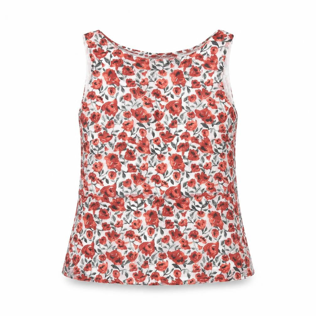 Zara Womens Red Floral Polyester Basic Blouse Size S Scoop Neck