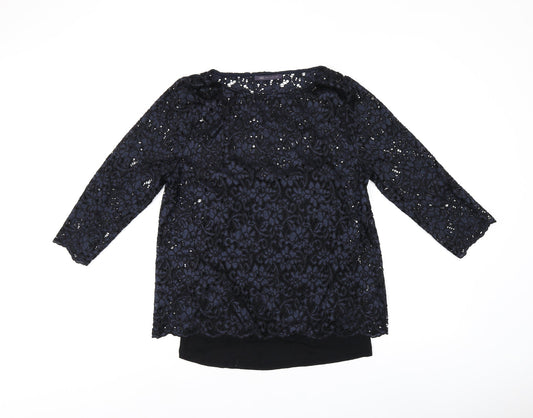 Marks and Spencer Womens Black Floral Viscose Jersey T-Shirt Size 12 Boat Neck