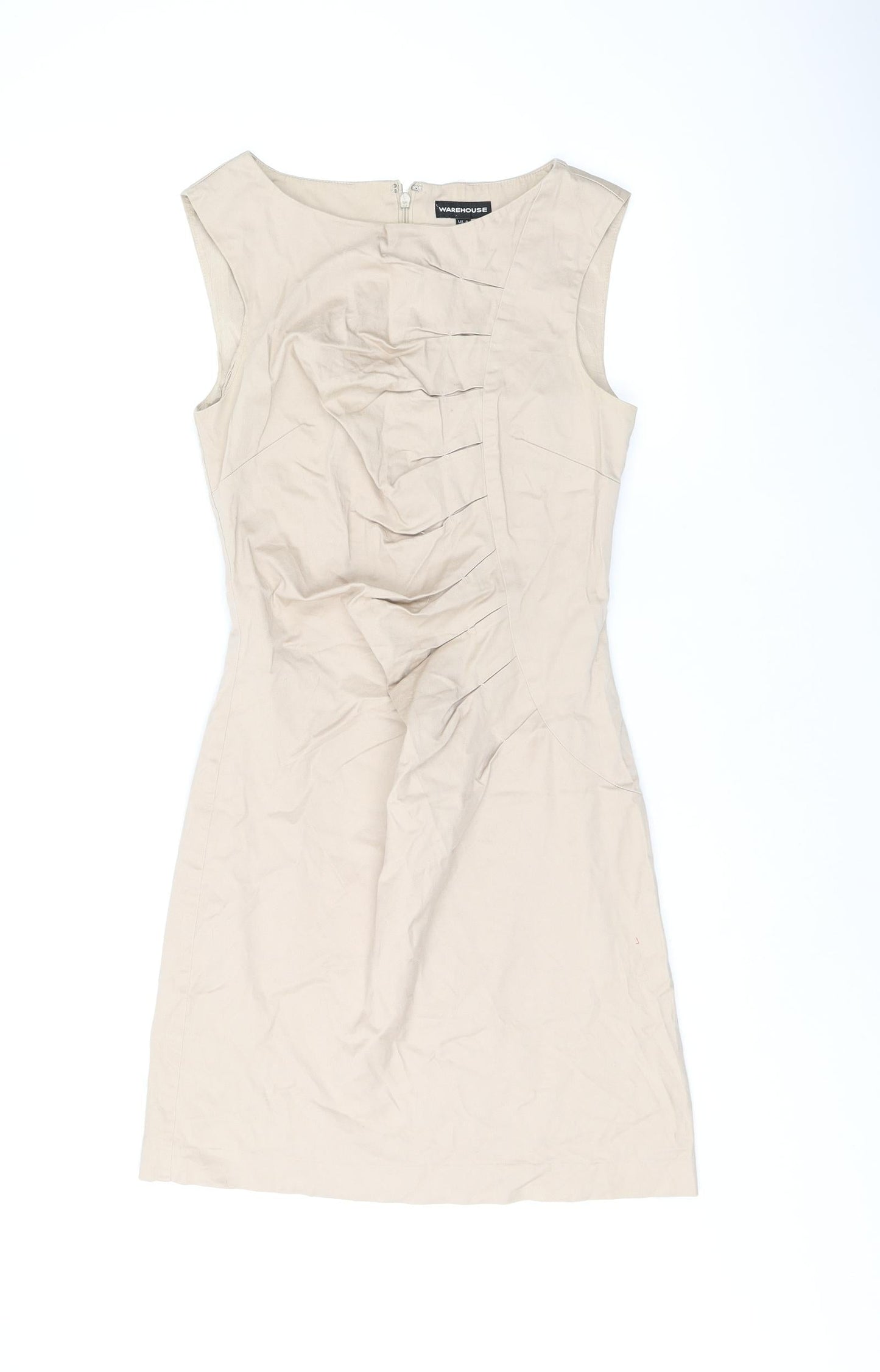 Warehouse Womens Beige Cotton Bodycon Size 8 Boat Neck Zip