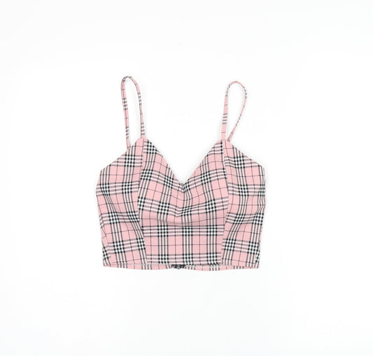Storets Womens Pink Plaid Polyester Cropped T-Shirt Size S V-Neck