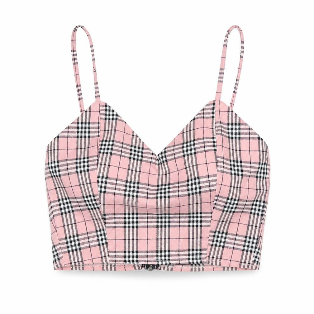 Storets Womens Pink Plaid Polyester Cropped T-Shirt Size S V-Neck