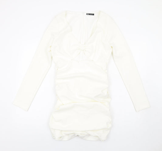 Zara Womens Ivory Polyester Bodycon Size L V-Neck Zip - Ruched