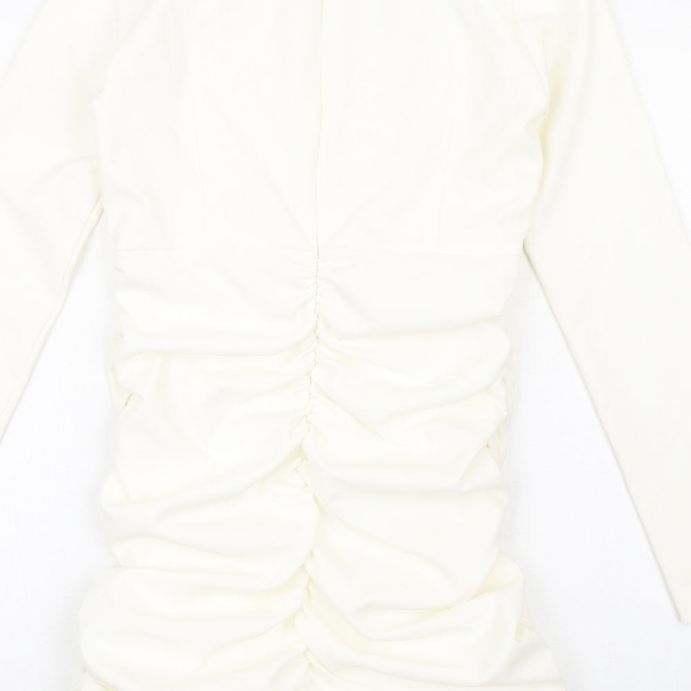 Zara Womens Ivory Polyester Bodycon Size L V-Neck Zip - Ruched