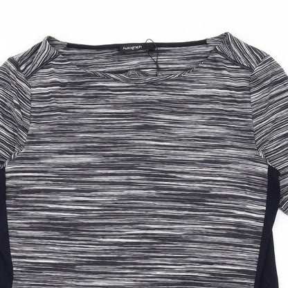 Close-up detail of Autograph women’s blue viscose basic t-shirt, size UK 12, scoop neck