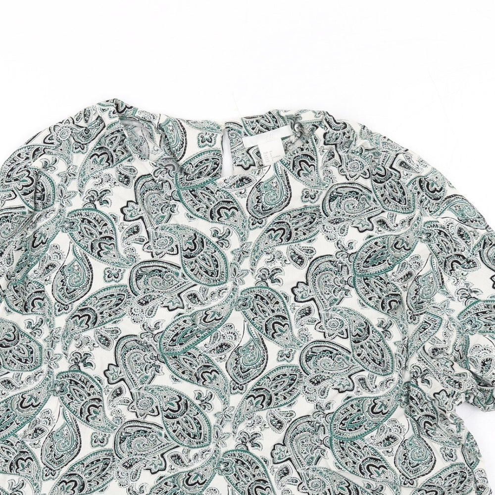 H&M Womens Green Paisley Viscose Basic T-Shirt Size 10 Round Neck