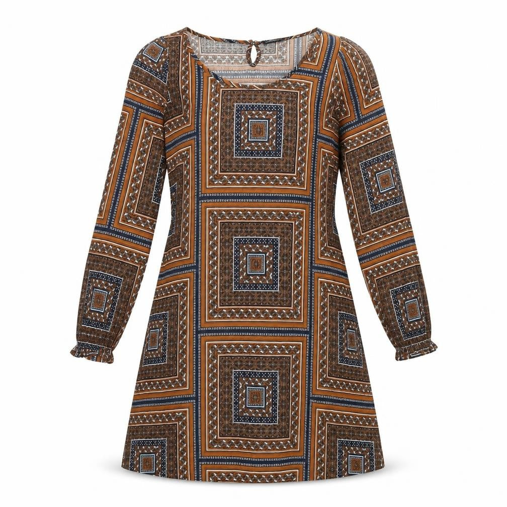 Groggy Womens Multicoloured Geometric Viscose A-Line Size S Scoop Neck Button