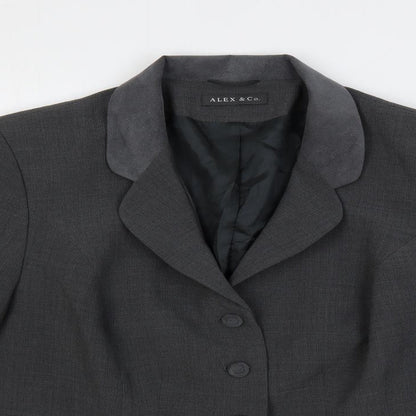 Close-up detail of Alex & Co. women’s grey varsity jacket blazer, size UK 20, button