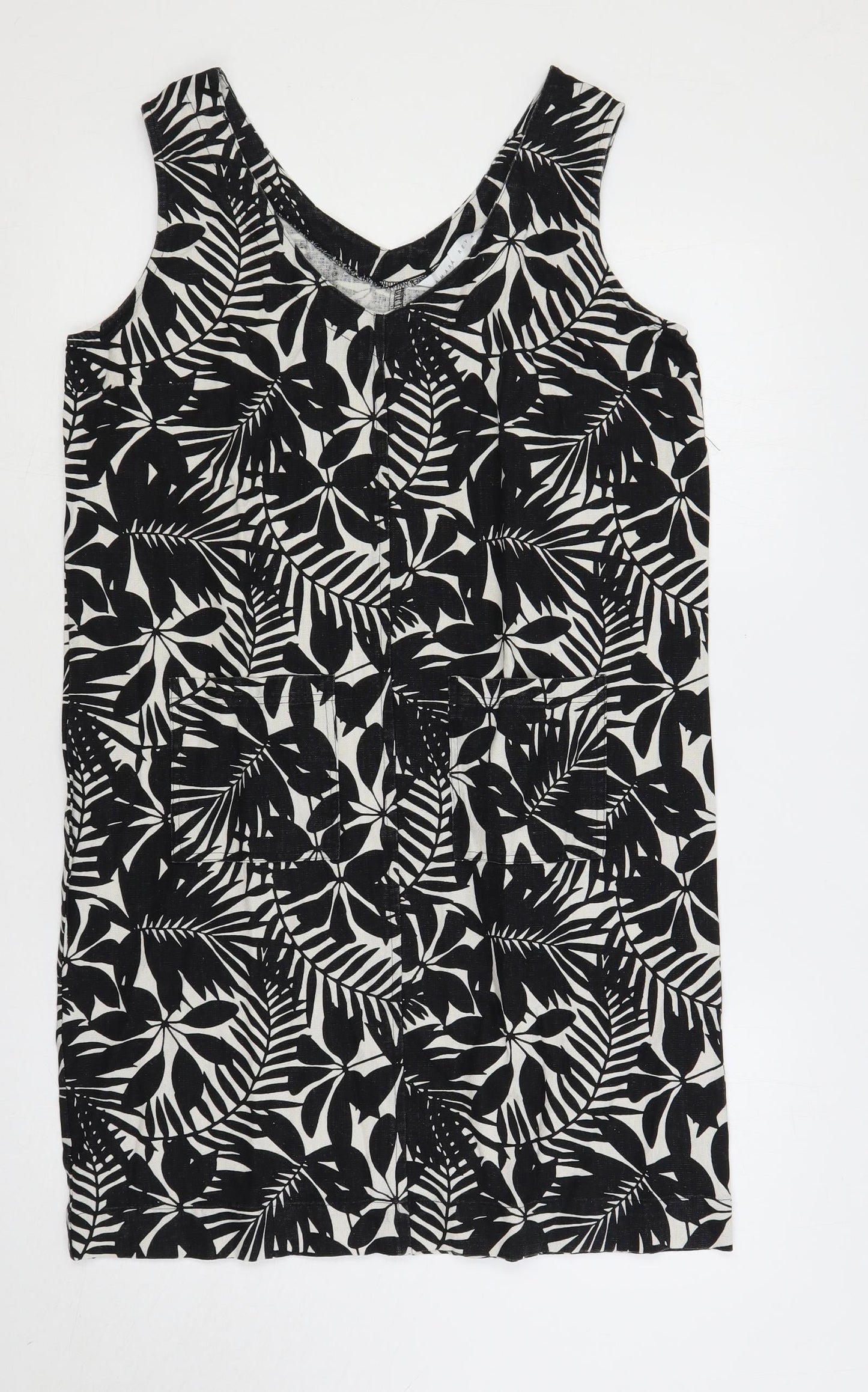 Amara Reya Womens Black Floral Linen Shift Size 12 V-Neck Pullover