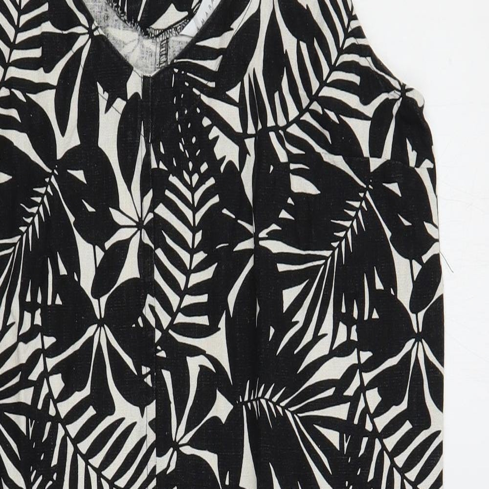 Amara Reya Womens Black Floral Linen Shift Size 12 V-Neck Pullover
