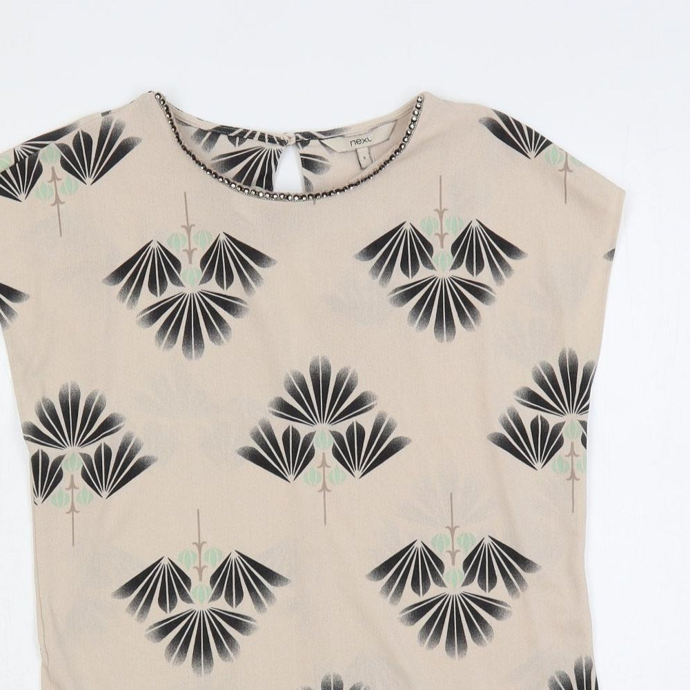 NEXT Womens Beige Geometric Polyester Basic Blouse Size 8 Round Neck - Embellished Neckline