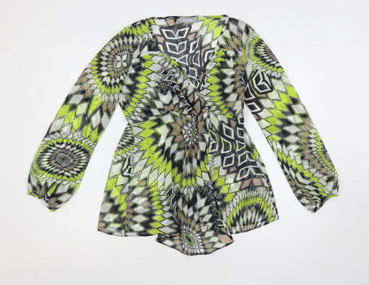 Wallis Womens Green Geometric Polyester Basic Blouse Size S V-Neck - Sheer