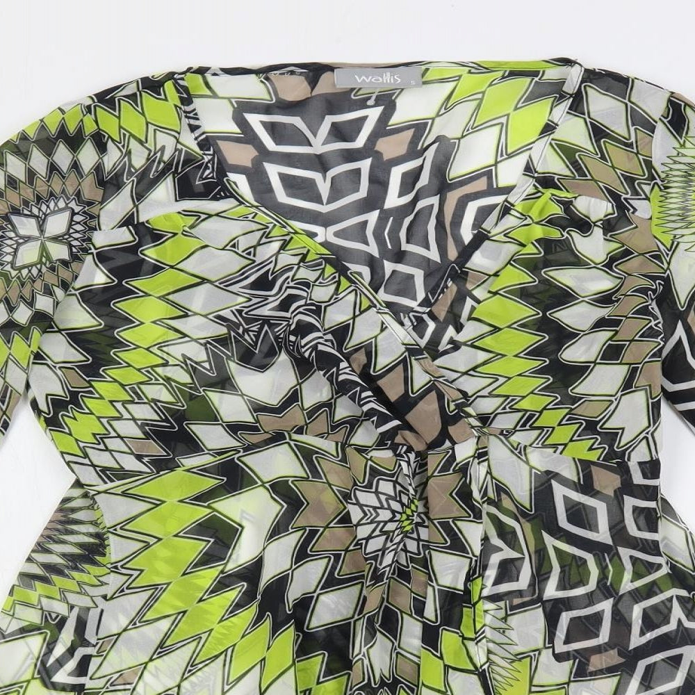 Wallis Womens Green Geometric Polyester Basic Blouse Size S V-Neck - Sheer