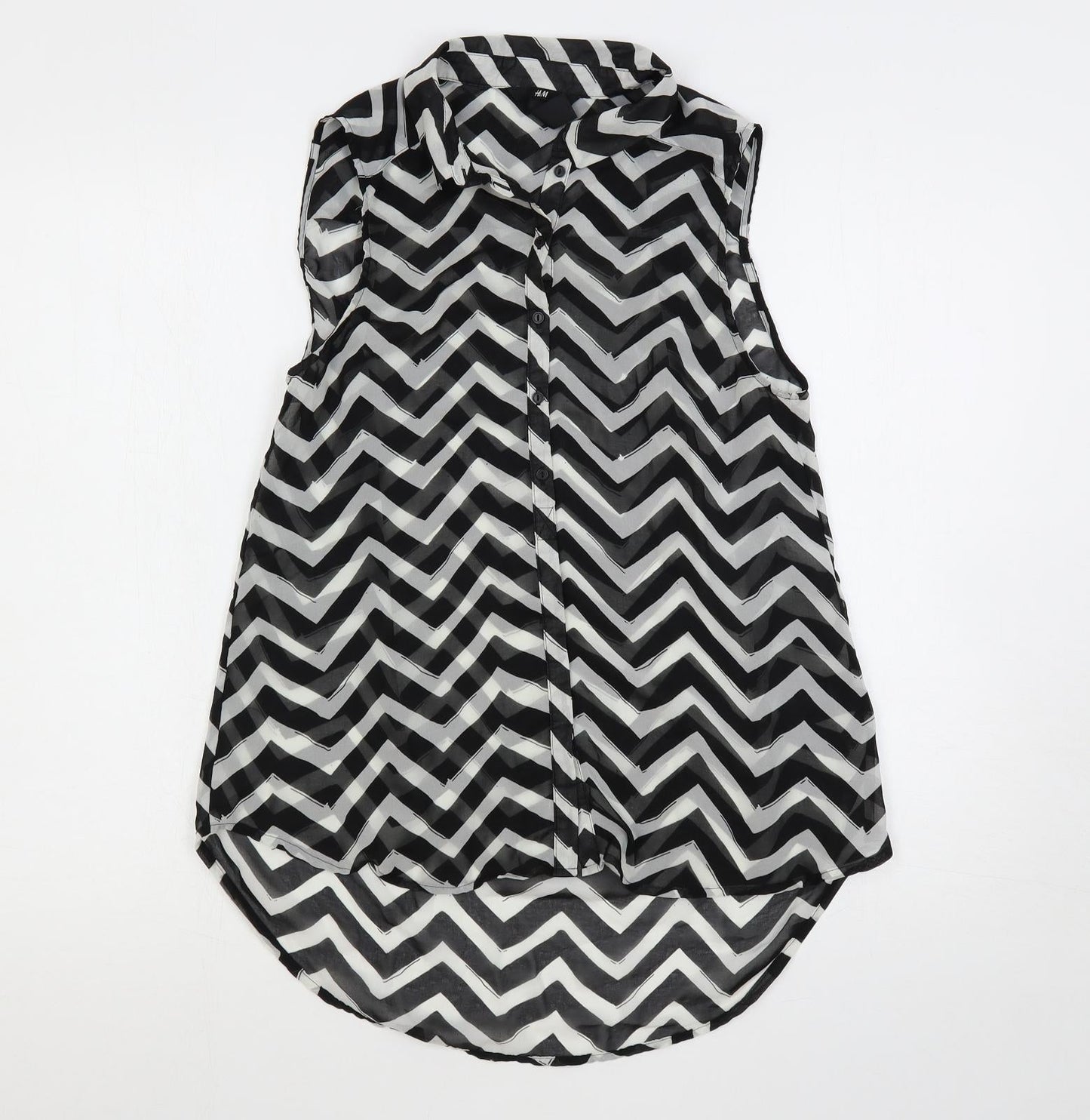 H&M Womens Black Geometric Polyester Basic Button-Up Size 8 Collared - Sheer