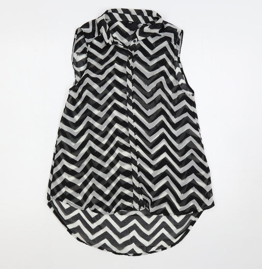 H&M Womens Black Geometric Polyester Basic Button-Up Size 8 Collared - Sheer