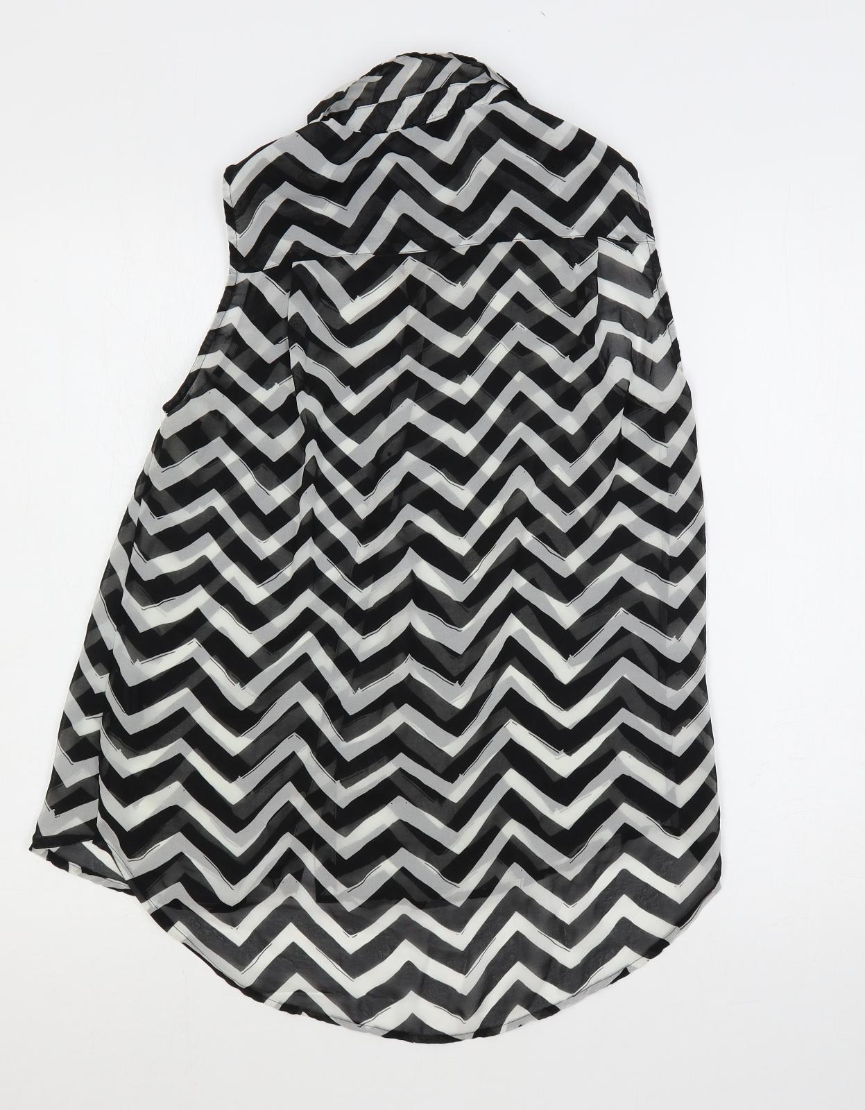 H&M Womens Black Geometric Polyester Basic Button-Up Size 8 Collared - Sheer