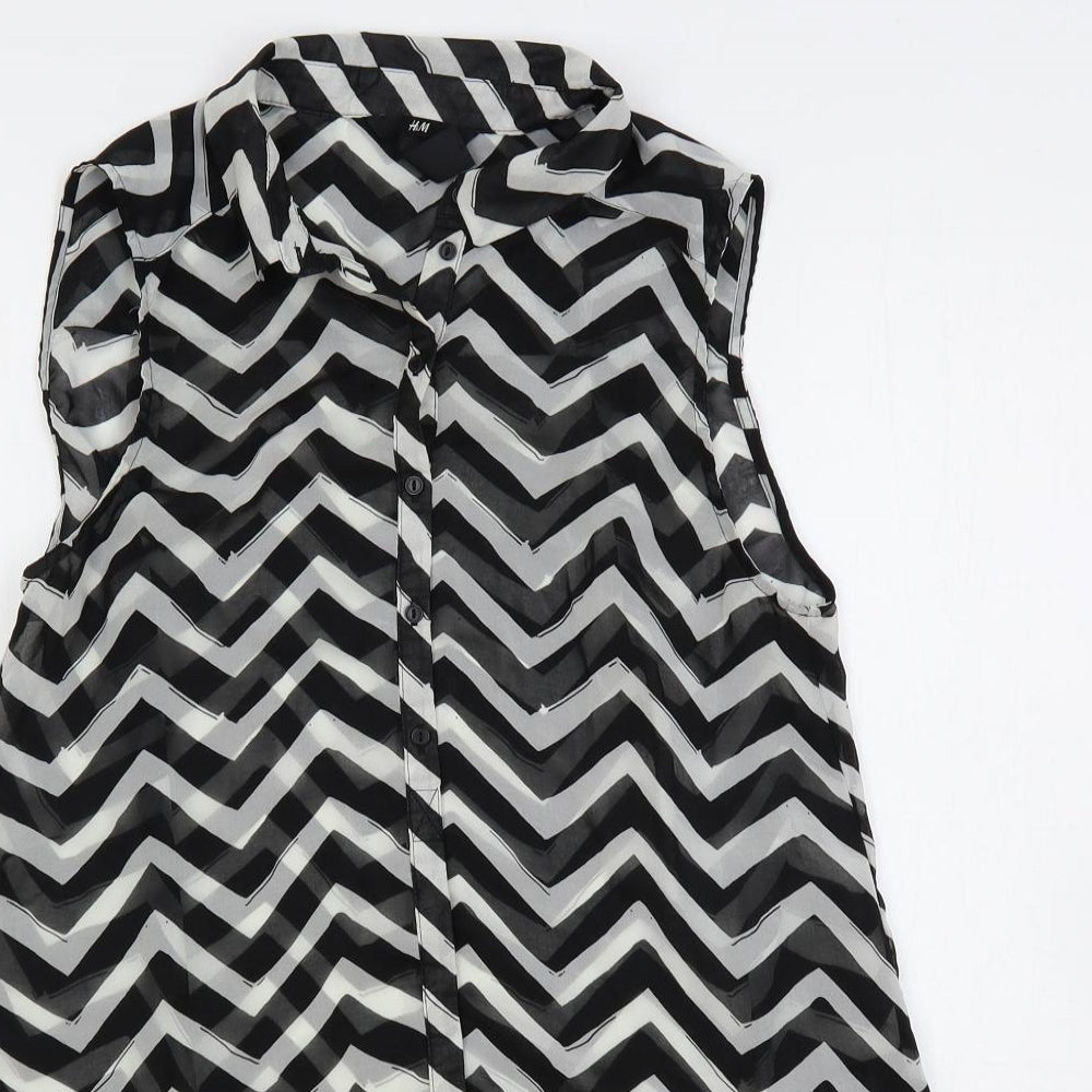 H&M Womens Black Geometric Polyester Basic Button-Up Size 8 Collared - Sheer