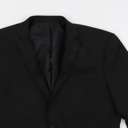 Close-up detail of ASOS men’s black polyester jacket suit jacket, size 40, regular