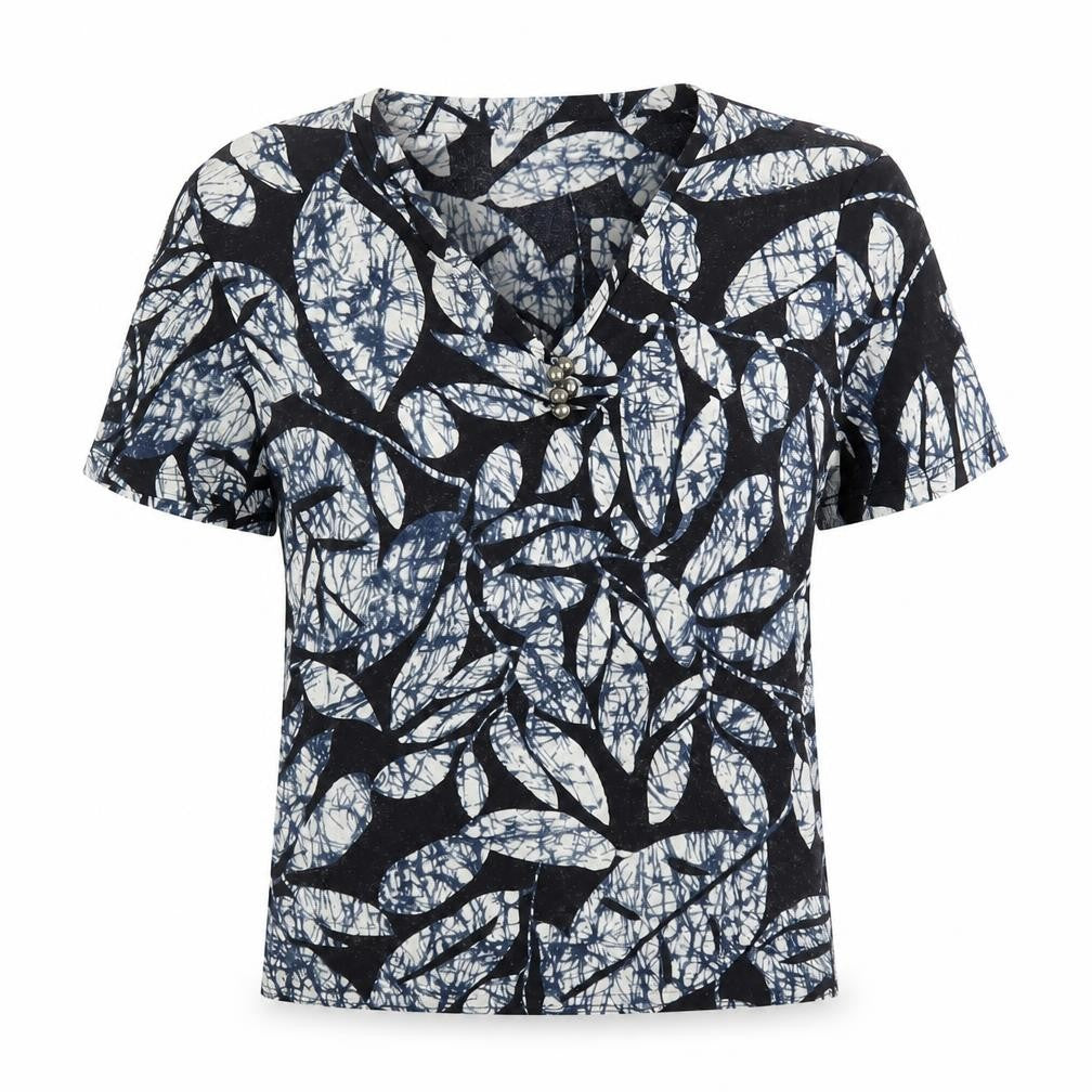 Country Casuals Womens Blue Geometric Polyester Basic T-Shirt Size M V-Neck