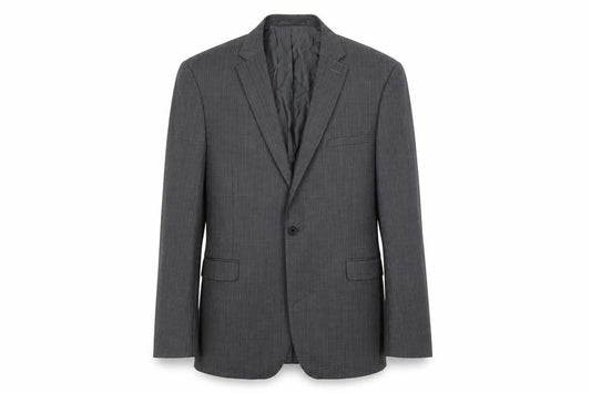 Front view of French Connection men’s grey striped wool jacket suit jacket, size 42, regular