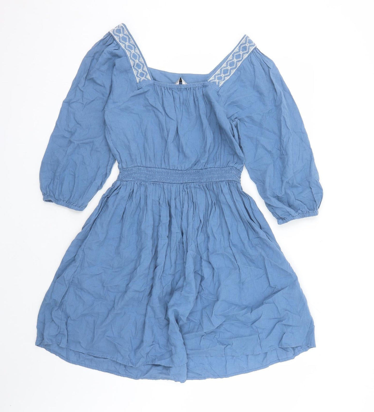 Marks and Spencer Womens Blue Linen Fit & Flare Size 6 Square Neck Pullover - Embroidered Neckline