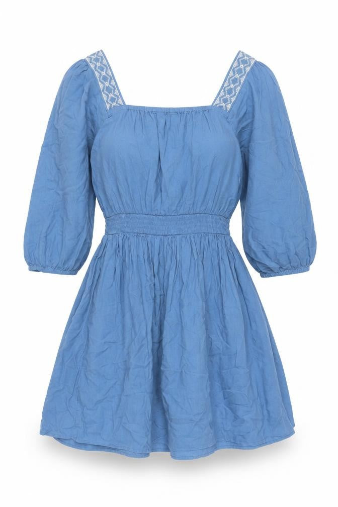 Marks & Spencer Womens Blue Linen Fit & Flare Size 6 Square Neck Pullover - Embroidered Neckline