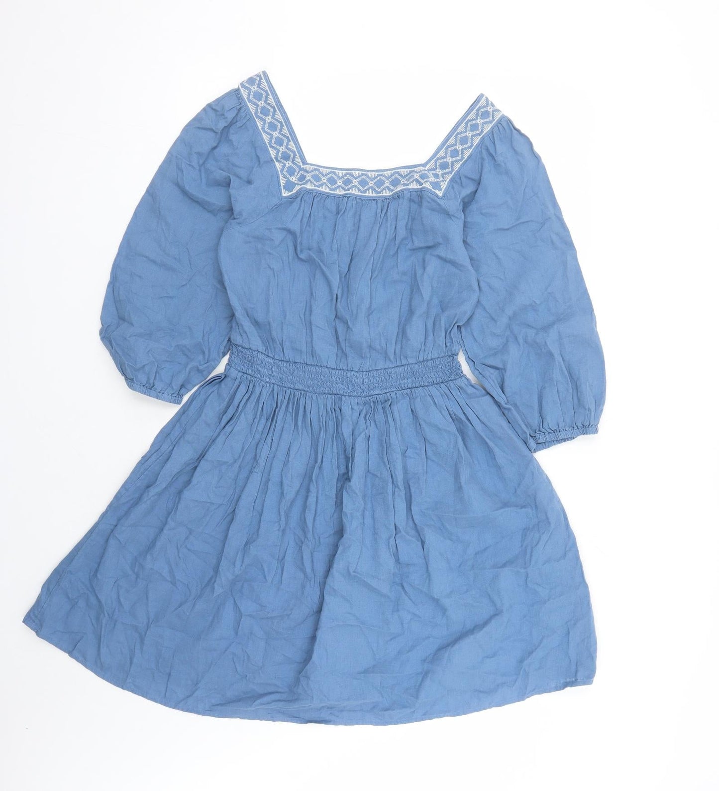 Marks and Spencer Womens Blue Linen Fit & Flare Size 6 Square Neck Pullover - Embroidered Neckline