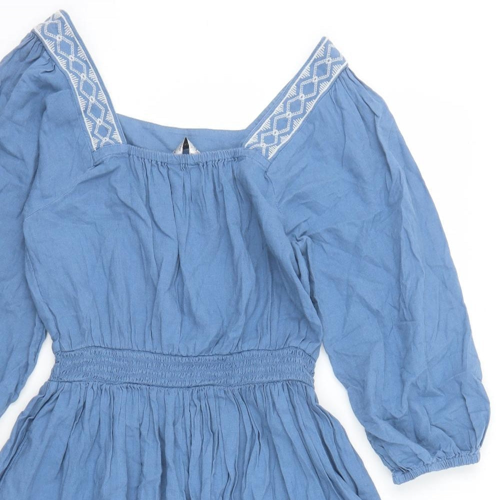 Marks and Spencer Womens Blue Linen Fit & Flare Size 6 Square Neck Pullover - Embroidered Neckline