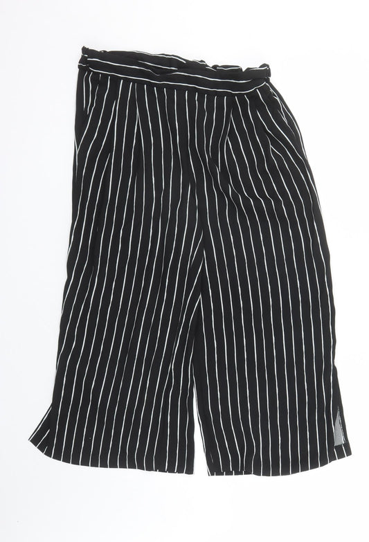 Marks and Spencer Womens Black Striped Polyester Cropped Trousers Size 10 L21 in Regular - Elasticated Waist