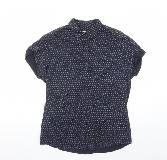 River Island Mens Blue Floral Cotton Button-Up Size M Collared Button