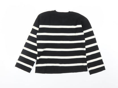 Marks & Spencer Womens Black Round Neck Striped Cotton Pullover Jumper Size M