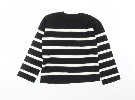 Marks and Spencer Womens Black Round Neck Striped Cotton Pullover Jumper Size M
