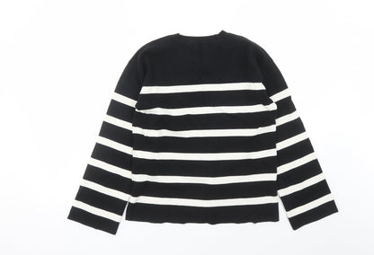 Marks & Spencer Womens Black Round Neck Striped Cotton Pullover Jumper Size M