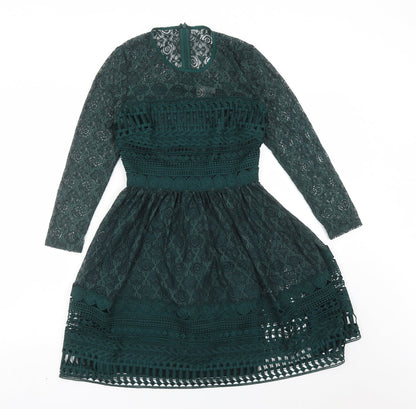 Additional front view of ASOS women’s green polyamide fit & flare, size UK 6, round neck zip
