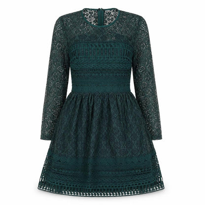 Front view of ASOS women’s green polyamide fit & flare, size UK 6, round neck zip