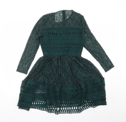 Back view of ASOS women’s green polyamide fit & flare, size UK 6, round neck zip