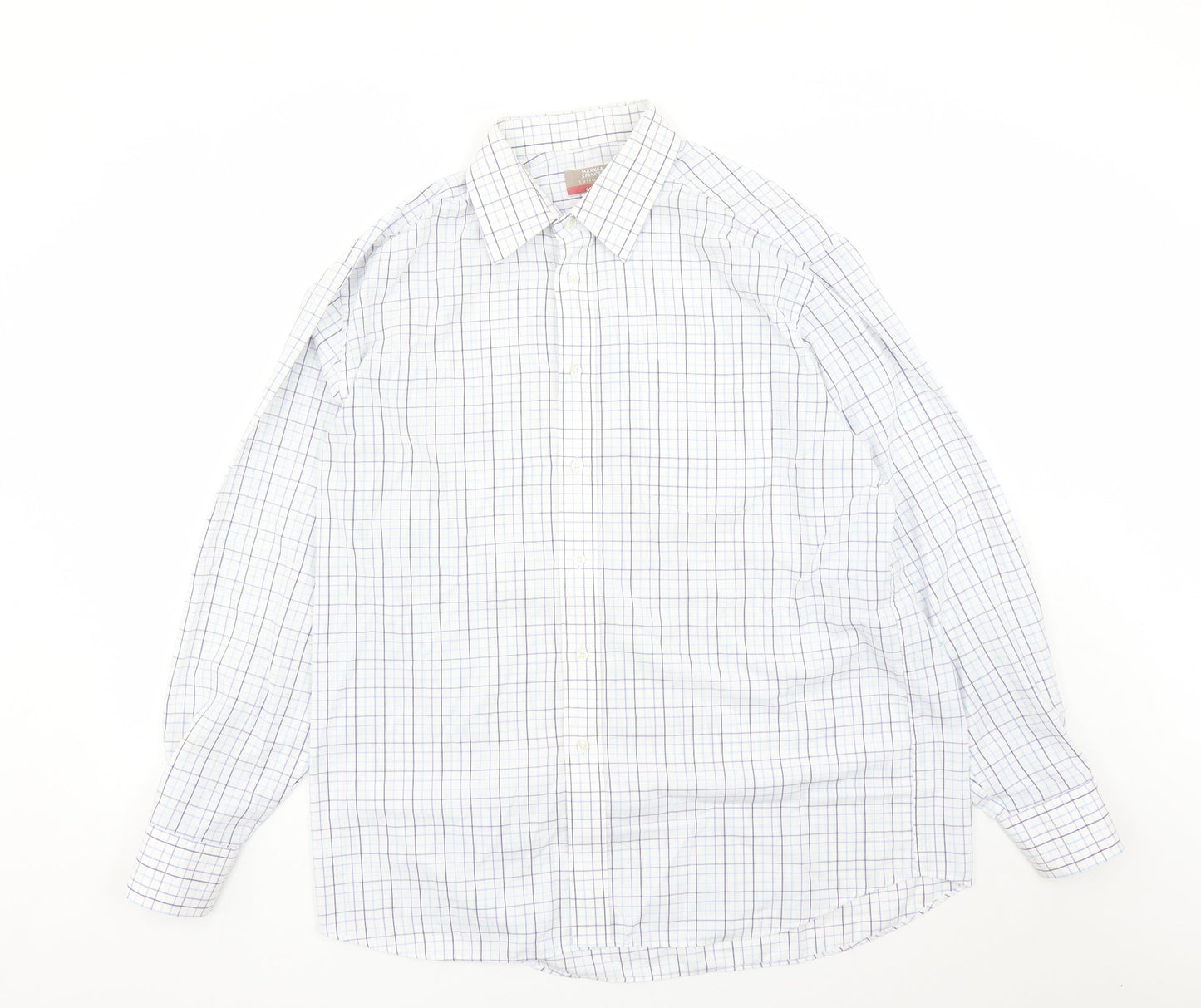 Marks and Spencer Mens White Check Polyester Button-Up Size 16.5 Collared Button