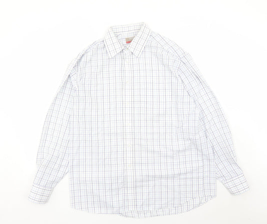 Marks and Spencer Mens White Check Polyester Button-Up Size 16.5 Collared Button