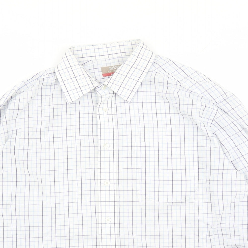 Marks and Spencer Mens White Check Polyester Button-Up Size 16.5 Collared Button