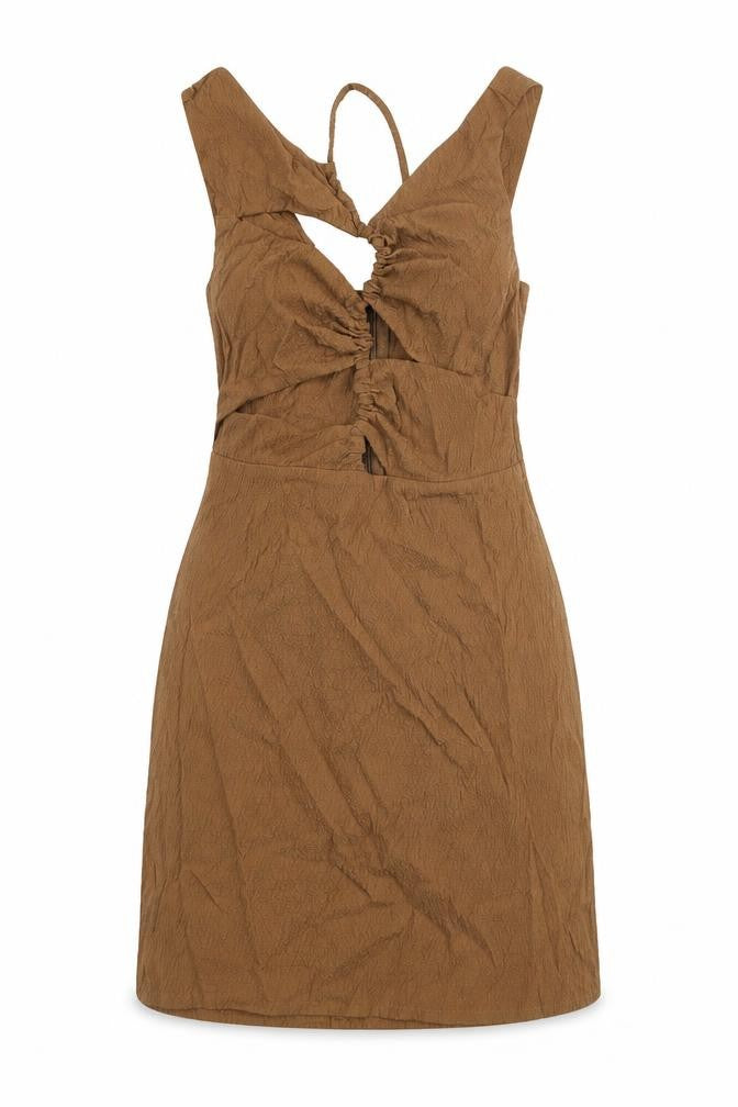 Pull&Bear Womens Brown Polyester Mini Size S V-Neck Zip - Rouched Cut Out