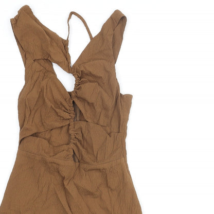 Pull&Bear Womens Brown Polyester Mini Size S V-Neck Zip - Rouched Cut Out