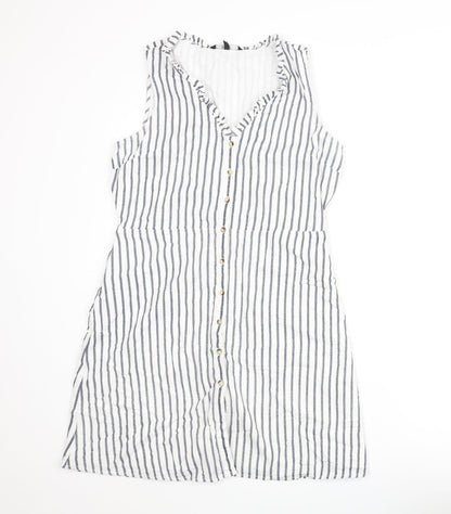 Additional front view of Vera Moda women’s white striped cotton shift, size L, v-neck button - frill