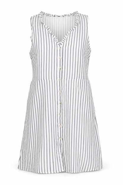 Front view of Vera Moda women’s white striped cotton shift, size L, v-neck button - frill