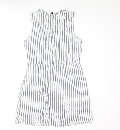 Back view of Vera Moda women’s white striped cotton shift, size L, v-neck button - frill