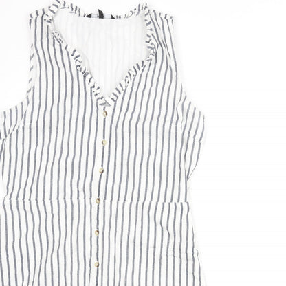 Close-up detail of Vera Moda women’s white striped cotton shift, size L, v-neck button - frill
