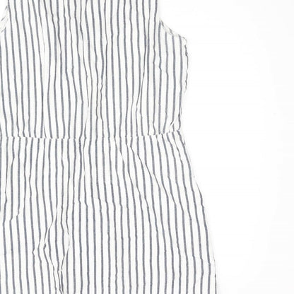 Brand and care label for Vera Moda women’s white striped cotton shift, size L, v-neck button - frill