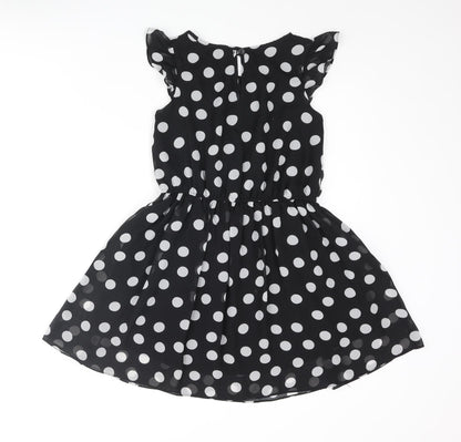 Next Womens Black Polka Dot Polyester Fit & Flare Size 8 Scoop Neck Button