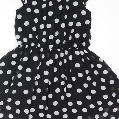 Next Womens Black Polka Dot Polyester Fit & Flare Size 8 Scoop Neck Button